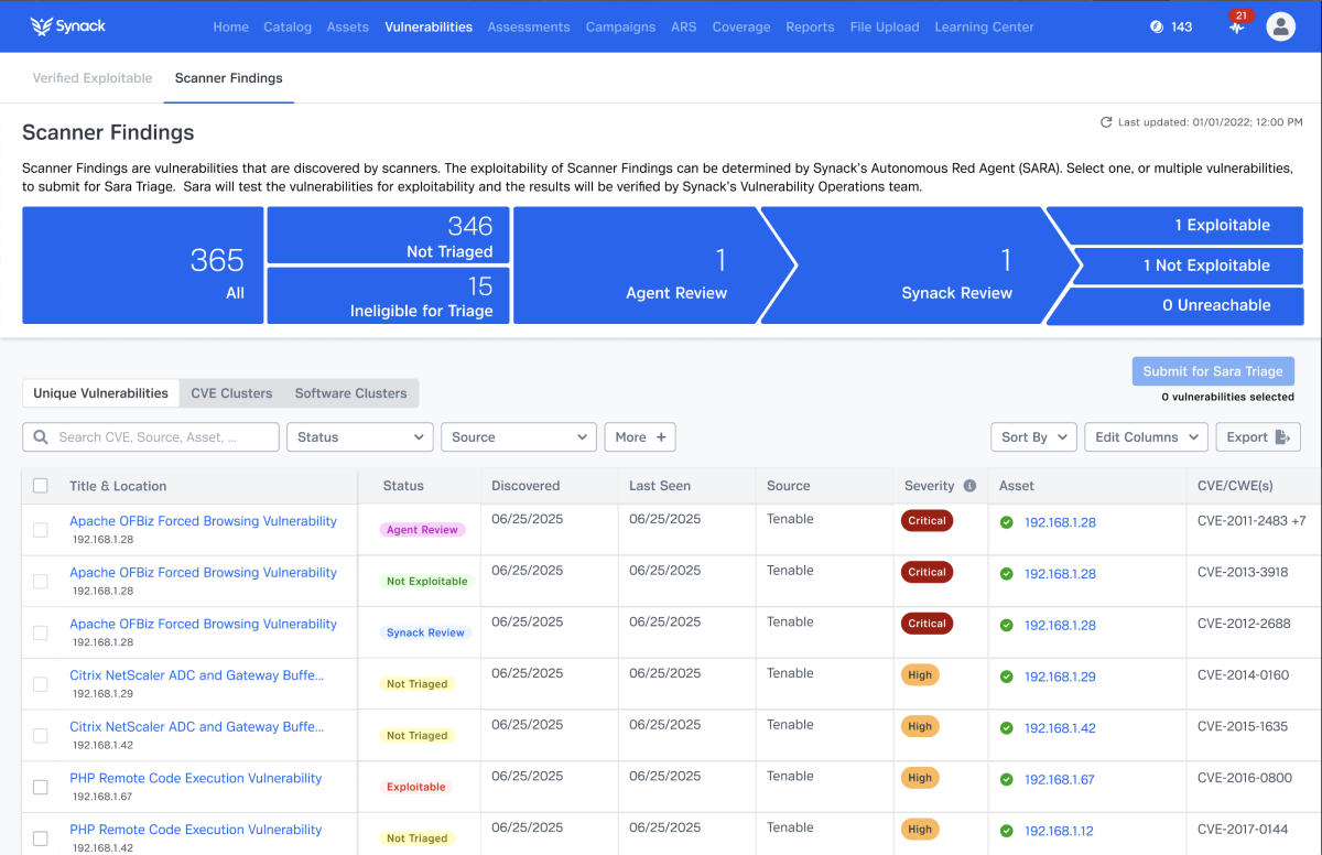 screenshot showing Tenable Vulnerability Management scan results integrated into Synack PTaaS Platform 